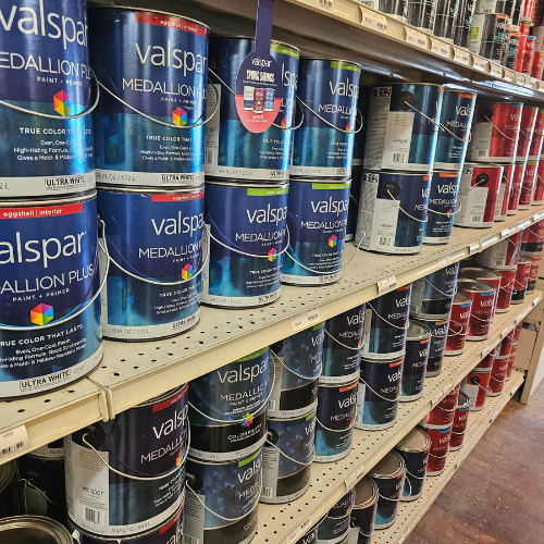 Paint and supplies on display inside of Randall Lumber & Hardware