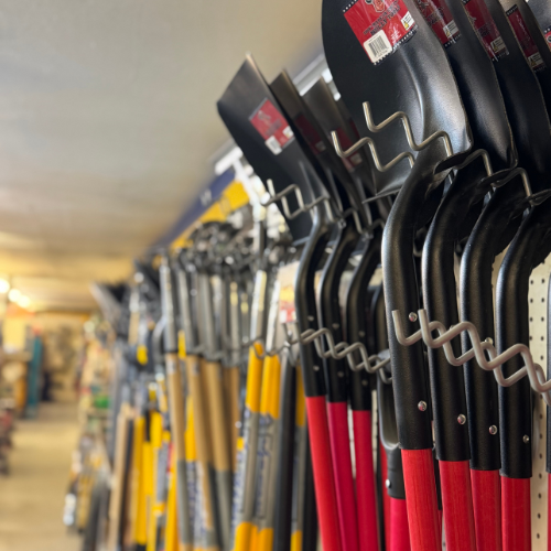 Lawn and garden supplies on display inside of Randall Lumber & Hardware