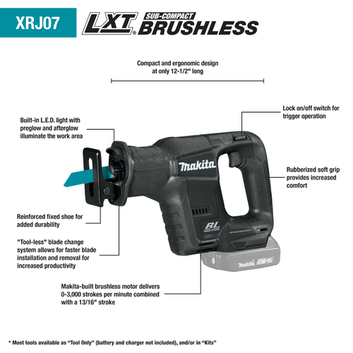 Makita 18V LXT® Lithium‑Ion Sub‑Compact Brushless Cordless Recipro Saw, Tool Only