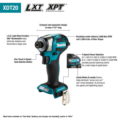 Makita XDT20Z 18V LXT® Lithium‑Ion Brushless Cordless Quick‑Shift Mode™ 4‑Speed Impact Driver, Tool Only