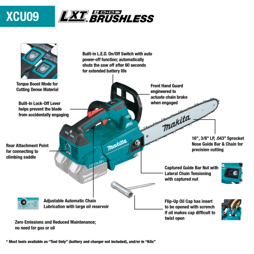 Makita XCU09PT 36V (18V X2) LXT® Brushless 16 Top Handle Chain Saw Kit (5.0Ah)