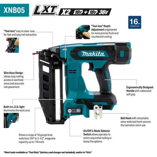 Makita 18V LXT® Lithium‑Ion Brushless Cordless 2‑1/2” Straight Finish Nailer, 16 Ga. Tool Only