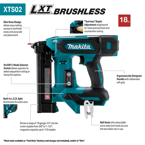 Makita 18V LXT® Lithium‑Ion Brushless Cordless 1/4” Narrow Crown Stapler, 18 Ga. Tool Only