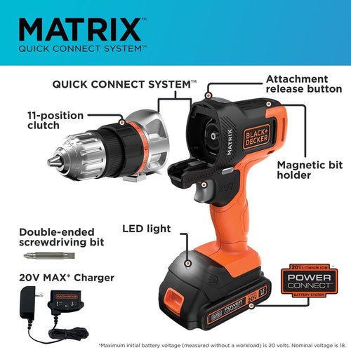 Black & Decker 20V MAX* POWERCONNECT™ MATRIX™ Cordless Drill/Driver, Battery and Charger Included